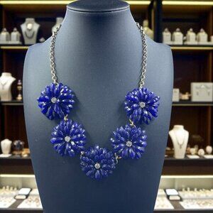 J Crew Blue Statement Floral Necklace Royalcore Coquette Vintage Bold‎ Jewelry